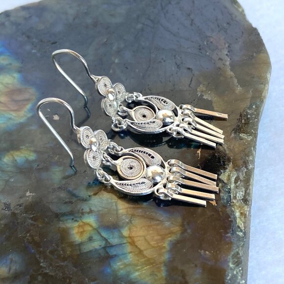 VTG Sterling Silver 925 Filigree Spun Silver Fringe Dangle Drop Earrings - Picture 5 of 14